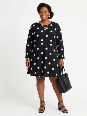 Plus Size Polka Dot Long Sleeve A-Line Dress - Black/White